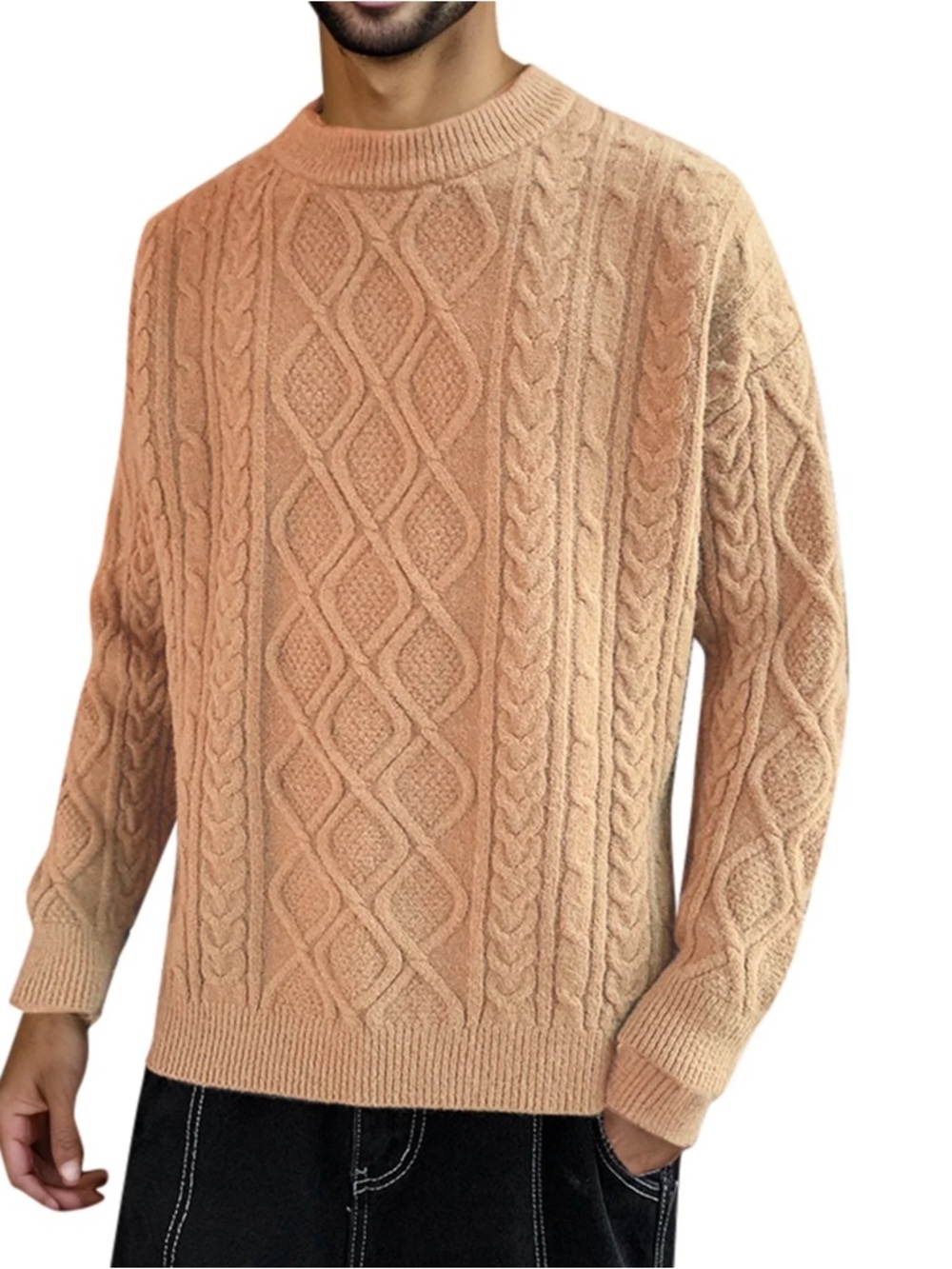 Aelfric Eden Men's Cable-Knit Crewneck Sweater -‎ Light Beige oversized Large